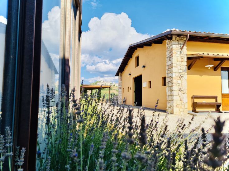 Un agriturismo circondato da ampi spazi verdi, con piante di lavanda in evidenza e un cielo sereno.