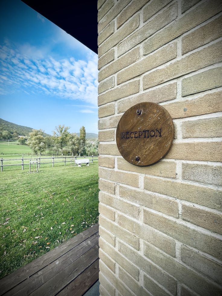 Insegna in legno per la reception, collocata in un ambiente sereno e naturale.