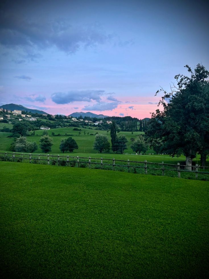 Scena tranquilla con colline verdi e cielo dai toni caldi al tramonto.