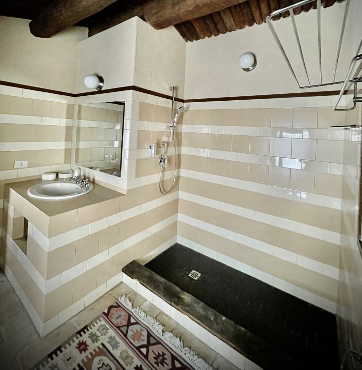 Bagno moderno con piastrelle, doccia ampia e lavabo contemporaneo.