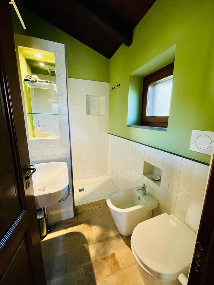 Un bagno contemporaneo con pareti color verde e piastrelle bianche, completo di doccia e accessori semplici.