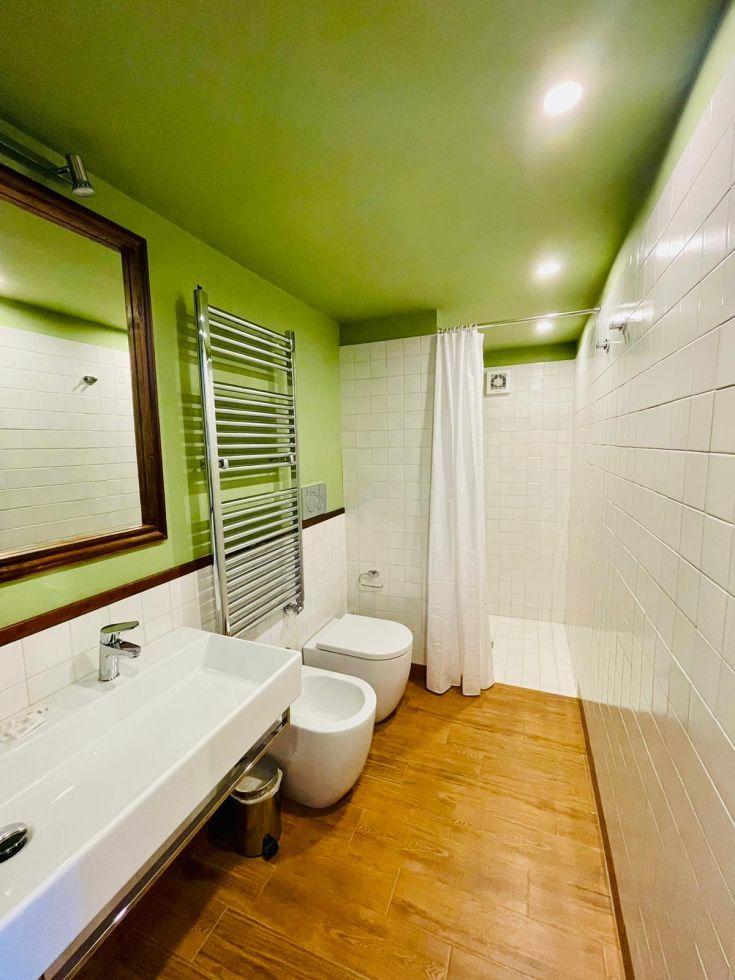 Un bagno con pareti verdi e accessori pratici, in uno stile contemporaneo e sobrio.