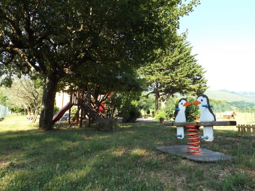 A playground with a spring swing shaped like a penguin, surrounded by green spaces.