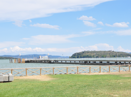 Scena del lago con un molo e vegetazione circostante, creando un'atmosfera tranquilla.