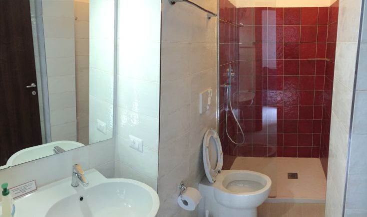 Bagno semplice con doccia e finiture discrete, dotato di sanitari visibili.