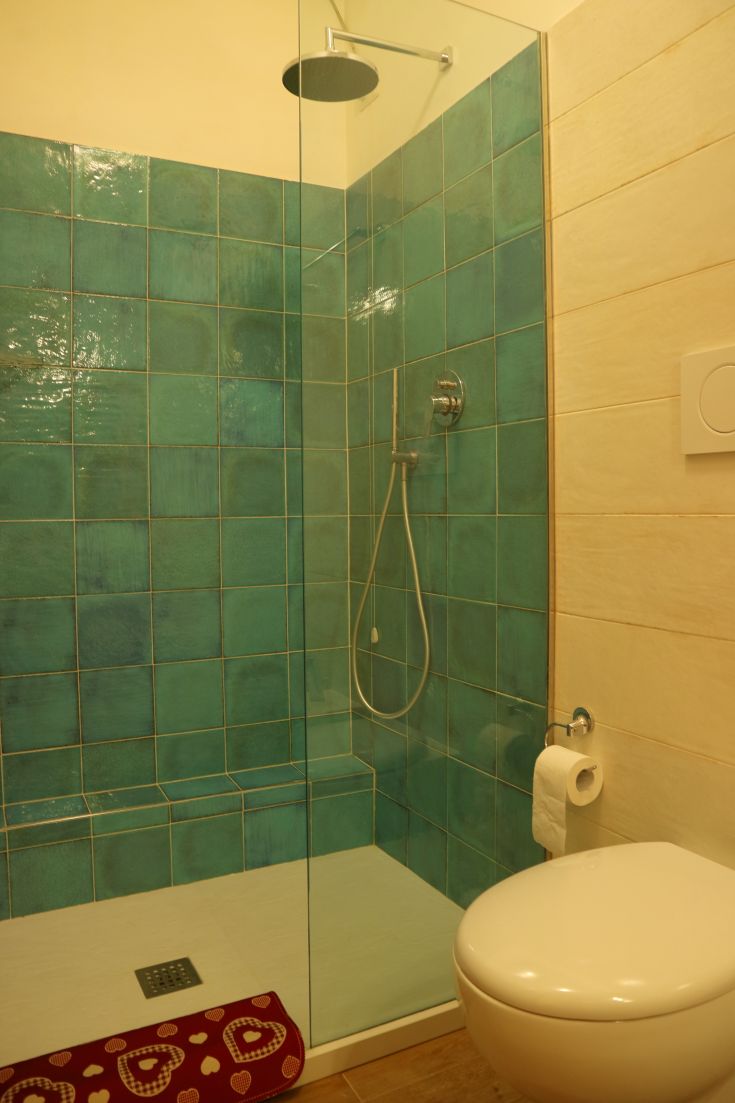 Bagno moderno caratterizzato da una doccia con piastrelle azzurre e accessori in acciaio, ordinato e discreto.