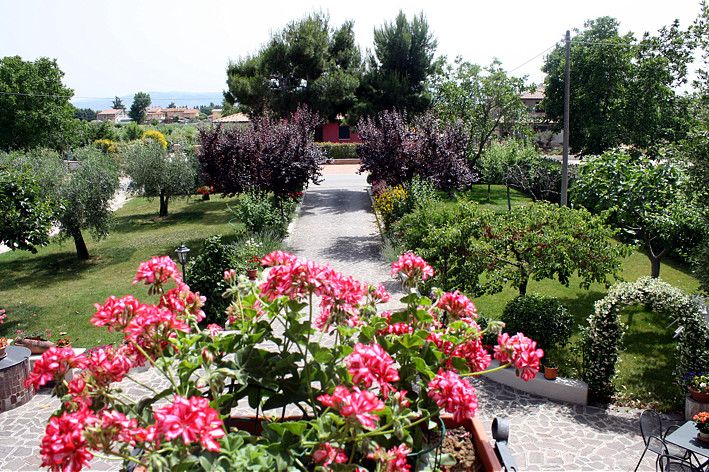 Un giardino con fiori variopinti e alberi, perfetto per momenti di relax.