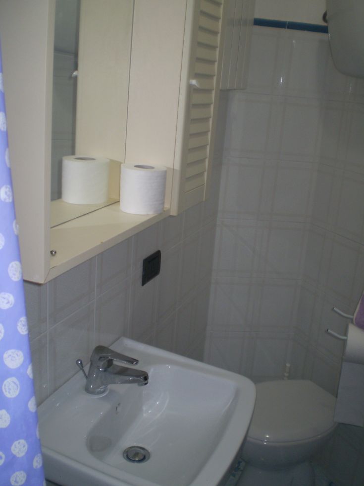 Ein kompaktes Badezimmer mit Waschbecken, Spiegel und Toilette.