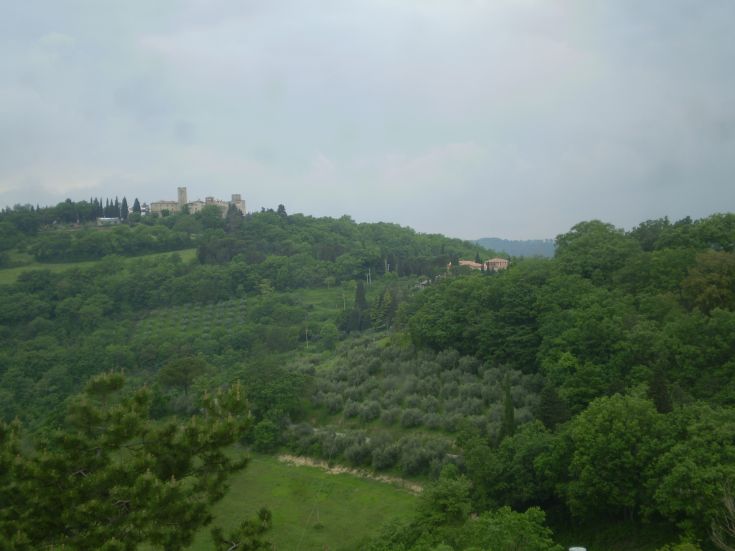 Eine hügelige Landschaft mit Bäumen und einem Schloss in der Ferne.