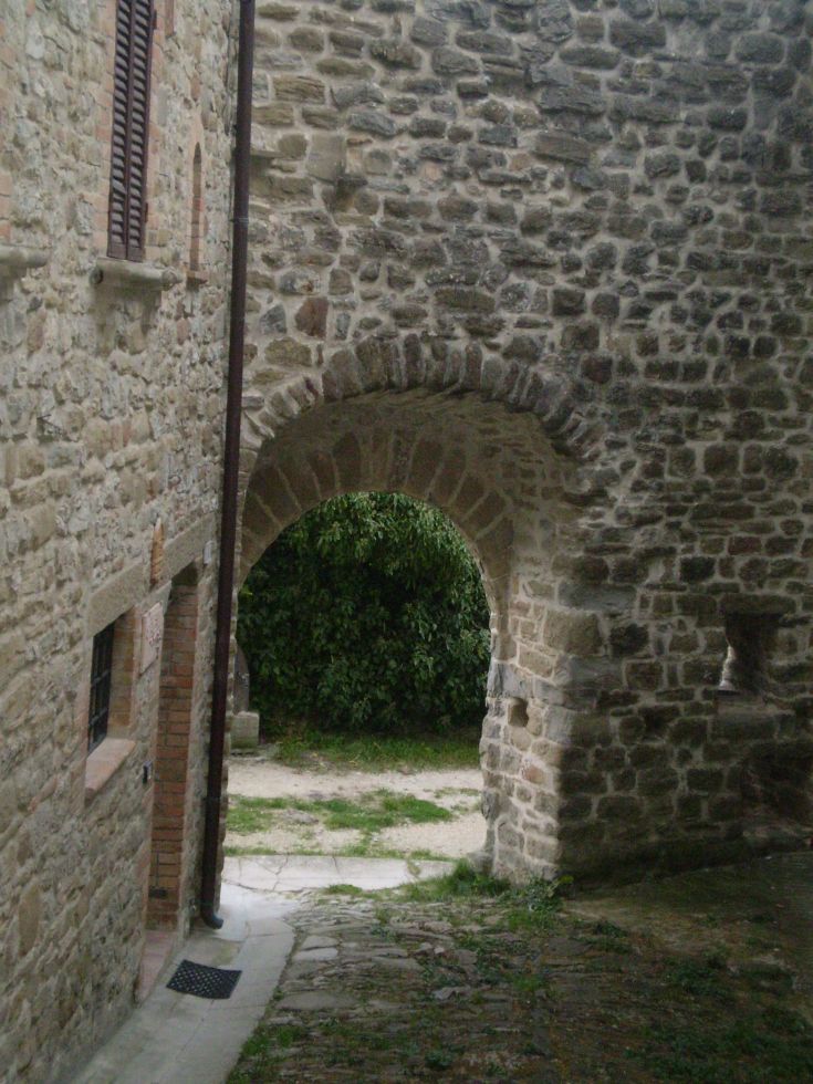 Ein ruhiger Steinweg führt zu einem grünen Garten, umgeben von Bäumen und Pflanzen.