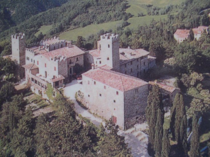 Ein grünes Schloss in einer grünen Umgebung, umgeben von Hügeln und Vegetation.