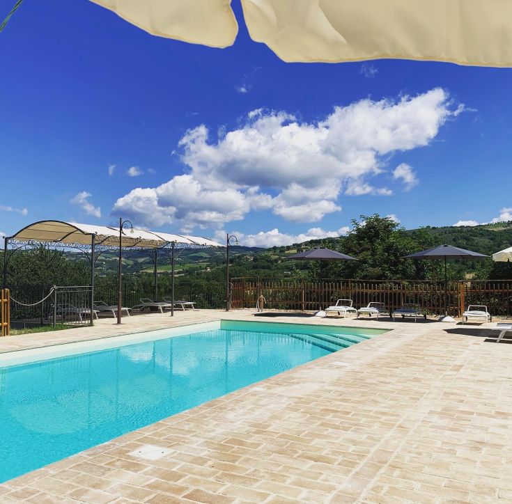 Piscina circondata da alberi, con lettini e ombrelloni, ideale per un momento di relax.