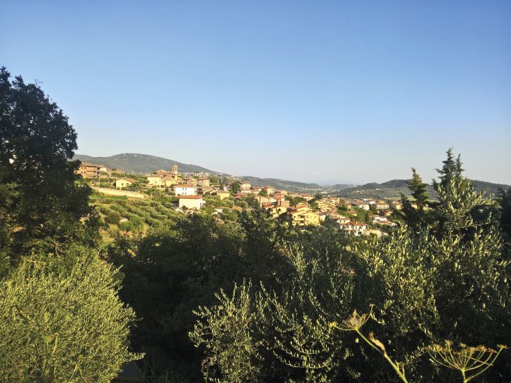 A panoramic view of a peaceful village surrounded by lush green hills typical of Umbria.
