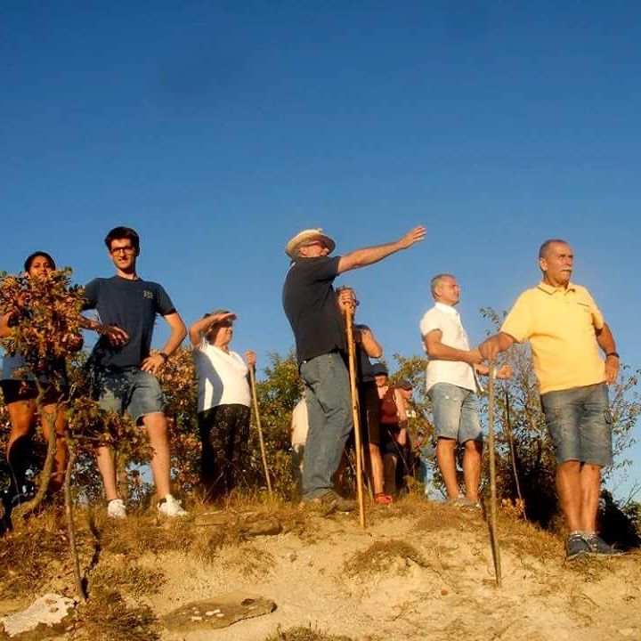 Un groupe de personnes sur une colline, prêtes pour une promenade dans la nature environnante.