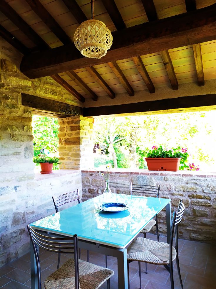 Espace extérieur paisible avec une table en verre entourée de plantes vertes.