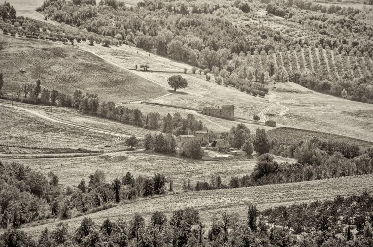 Hügelblick mit einem antiken Palast, umgeben von Bäumen und üppigem Grün.