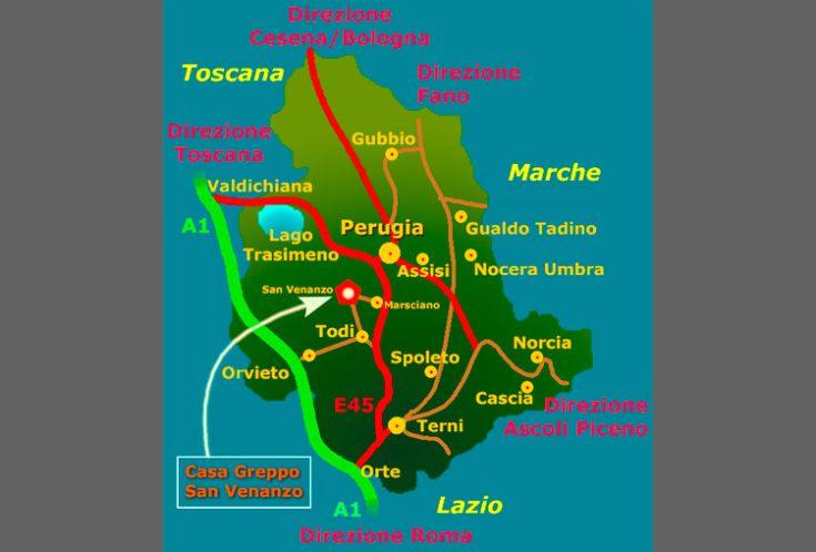 Karte der Region, die Routen und Wege zu Orten in Umbrien zeigt.
