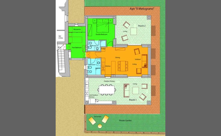 Grundriss eines Gebäudes mit vier unabhängigen Apartments, ausgestattet für einen entspannenden Aufenthalt.