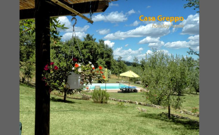 Blick auf Casa Greppo mit einem Garten und einem Pool, perfekt für entspannende Momente.