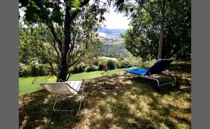 Zwei Liegen in einem ruhigen Garten, umgeben von Grün und mit einer friedlichen Aussicht.