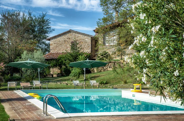 Ein privater Pool in einem Steinhaus, umgeben von Grün mit Bäumen und nahegelegenen Apartments.