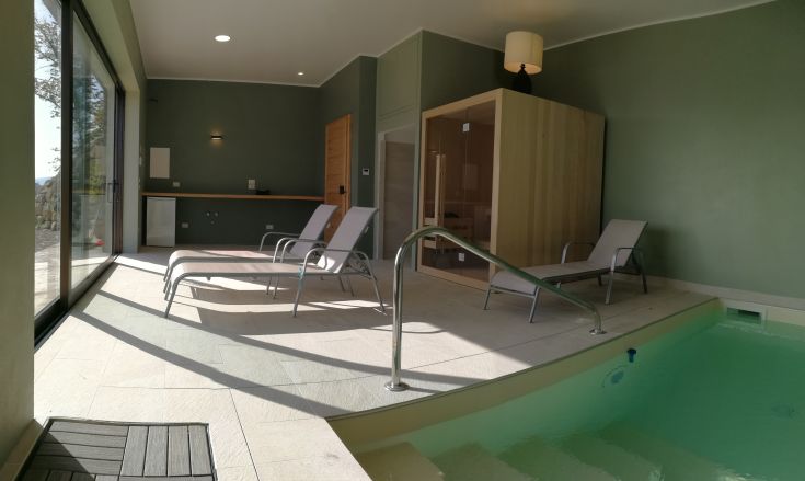 Wellnessbereich mit Sauna, kleinem Pool und Liegen für einen angenehmen Aufenthalt.