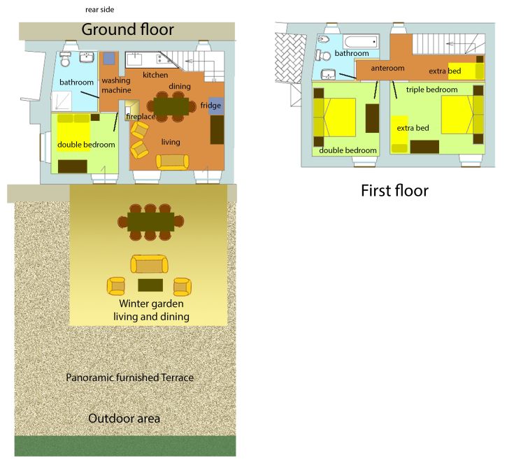 Grundriss eines Gebäudes mit unabhängigen Wohnungen, die Innen- und Außenbereiche zeigt.
