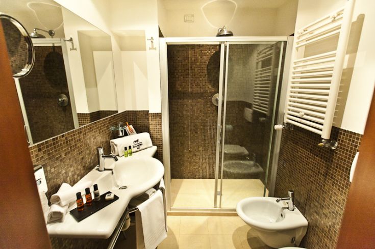 Functional bathroom with shower, sink, and accessories in a modern hotel.