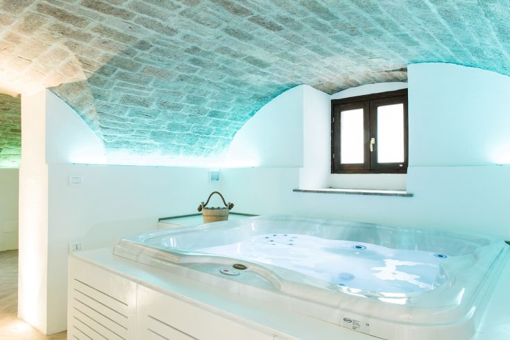 Interior of a cozy wellness center featuring a hot tub and a vaulted ceiling.