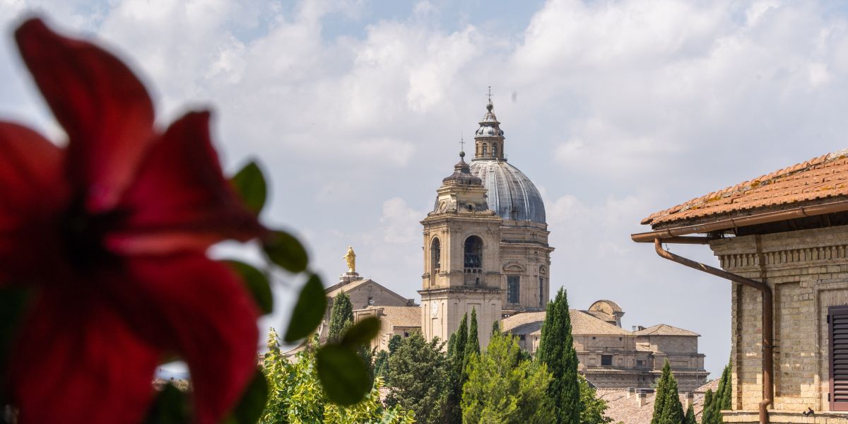 Panoramic view of the Basilica of Santa Maria degli Angeli with flowers in the foreground.