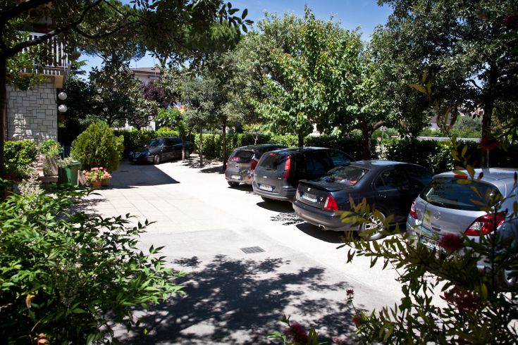 Shaded parking area featuring various cars nestled in a serene green setting.