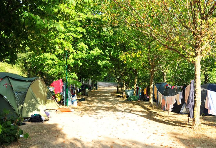 A serene campsite surrounded by trees, with tents and clothing drying in the air. A relaxing green environment.