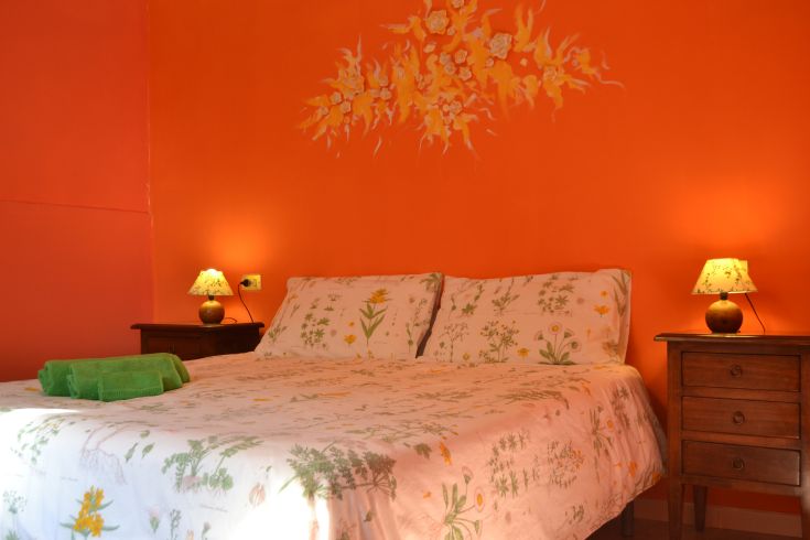 Einfaches Zimmer mit orangefarbenen Wänden und Blumendekorationen, das eine komfortable und entspannende Atmosphäre bietet.