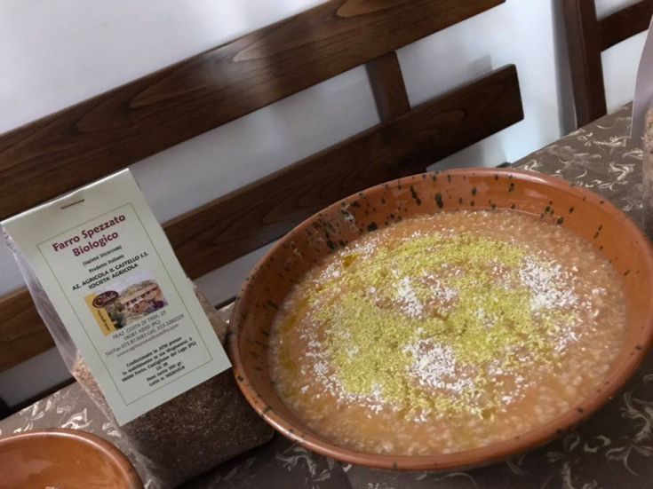 Einfache Bio-Dinkel-Suppe mit dekorativen Samen, serviert in einem familienfreundlichen Ambiente.