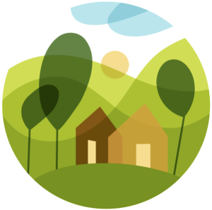 Une scène sereine avec des maisons colorées et une végétation luxuriante, entourée par un paysage naturel.