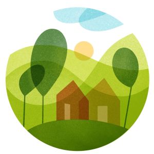 A simple depiction of houses and trees in a peaceful countryside, under a bright and serene sky.