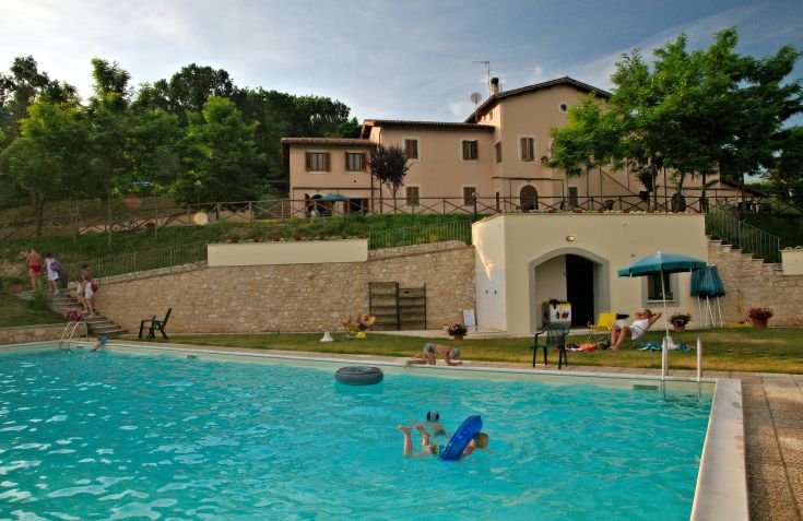 Outdoor pool surrounded by greenery, perfect for a relaxing afternoon at a farmhouse.