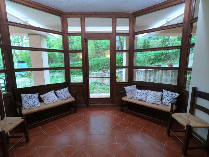 A furnished area with sofas, surrounded by plants, perfect for moments of relaxation and tranquility.