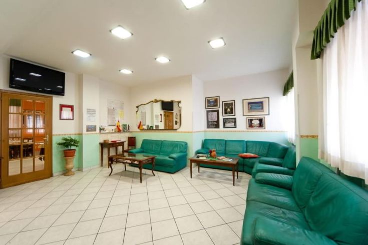 Salon de l'Hôtel Cascia, un espace relaxant avec des canapés verts et une télévision, idéal pour les invités.