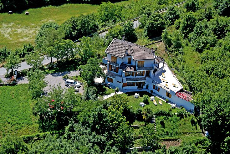 A well-maintained villa surrounded by plants, featuring a swimming pool and a furnished garden.