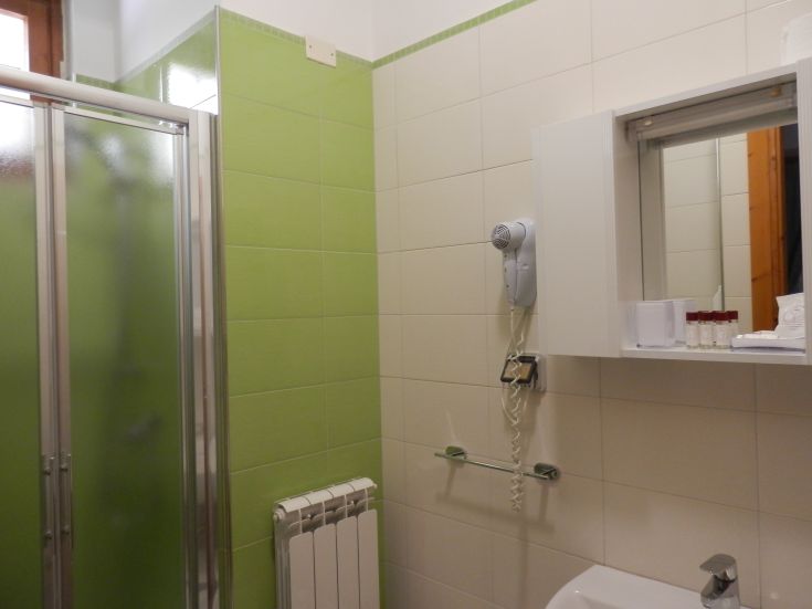An elegant and functional bathroom featuring green tiles, a shower, and a hairdryer.
