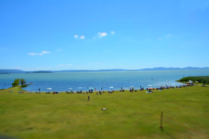 Area naturale con prato verde e accesso al Lago Trasimeno, perfetta per momenti di relax e svago.