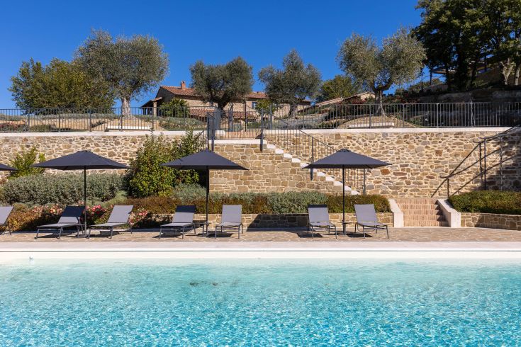 A serene pool area adorned with lush greenery and umbrellas offering shade from the sun.