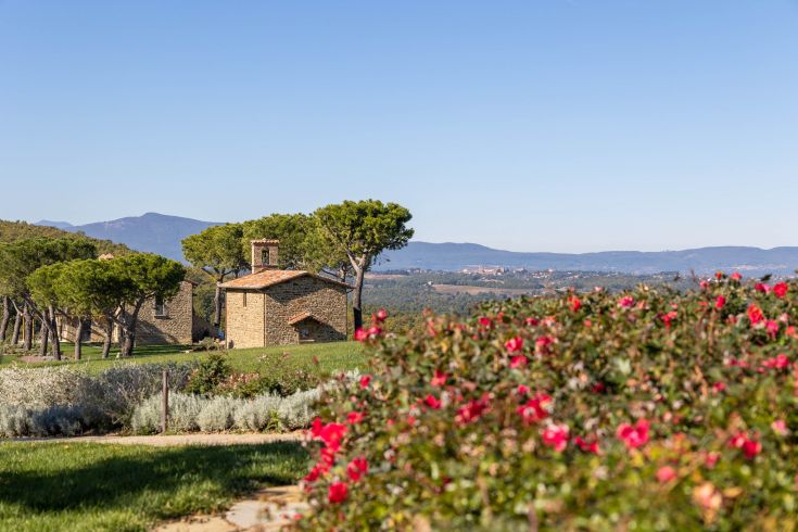 A view of stone buildings surrounded by greenery, set among colorful hills and flowers.