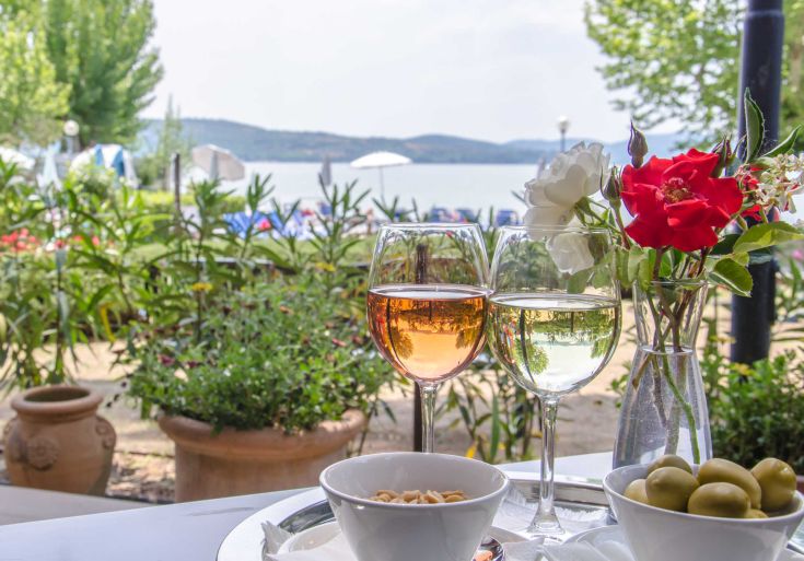 A tranquil setting with wine and snacks, showcasing a beautiful view of the surrounding lake.