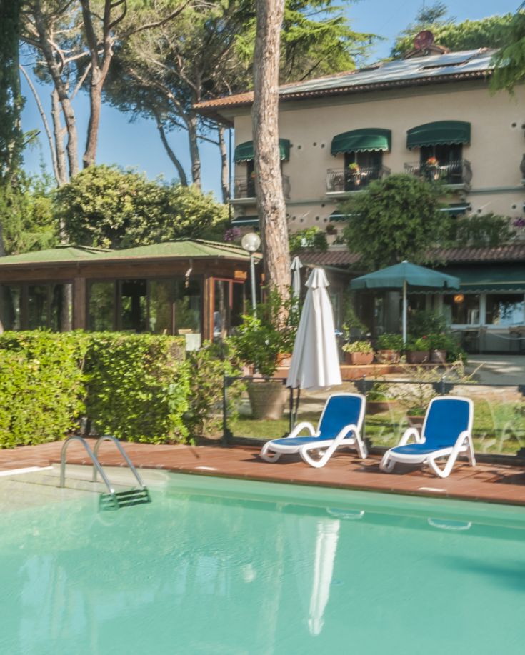 A pool surrounded by trees, with sun loungers and a simple designed villa in the background.