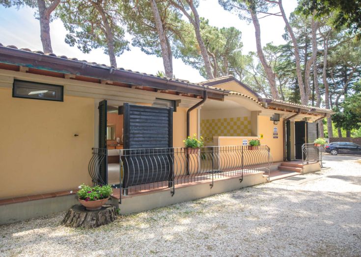 A campsite surrounded by trees near Lake Trasimeno, featuring a welcoming atmosphere and well-equipped facilities.