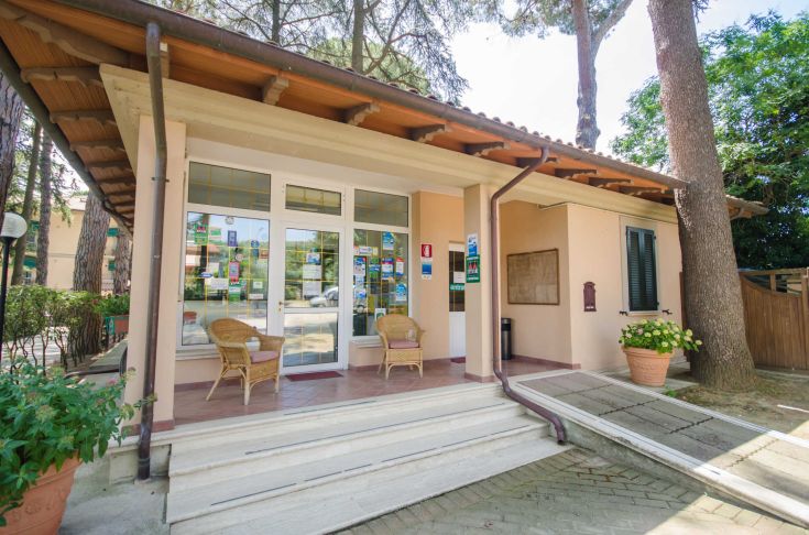 A campsite surrounded by trees, just a short distance from Lake Trasimeno, perfect for a peaceful holiday.