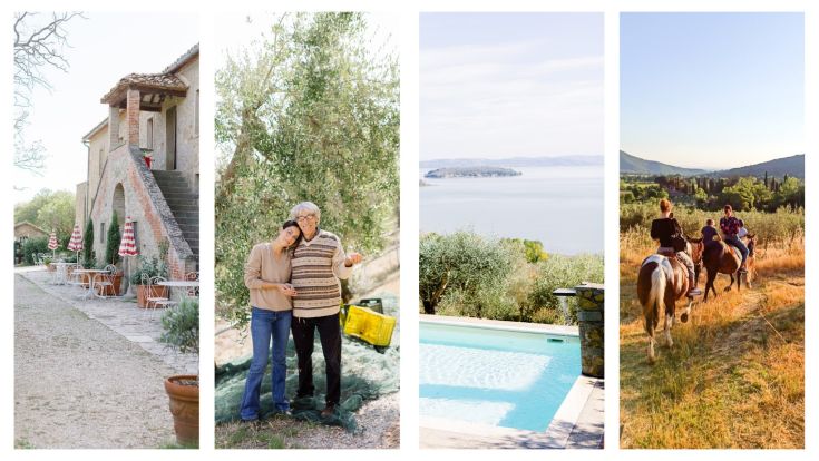 A farmhouse in Umbria, surrounded by rolling hills and fields, offering a peaceful stay in cozy apartments.