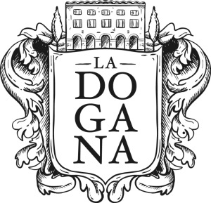 Simple logo of a farmhouse with stylized decorations and the text 'La Dogana'.